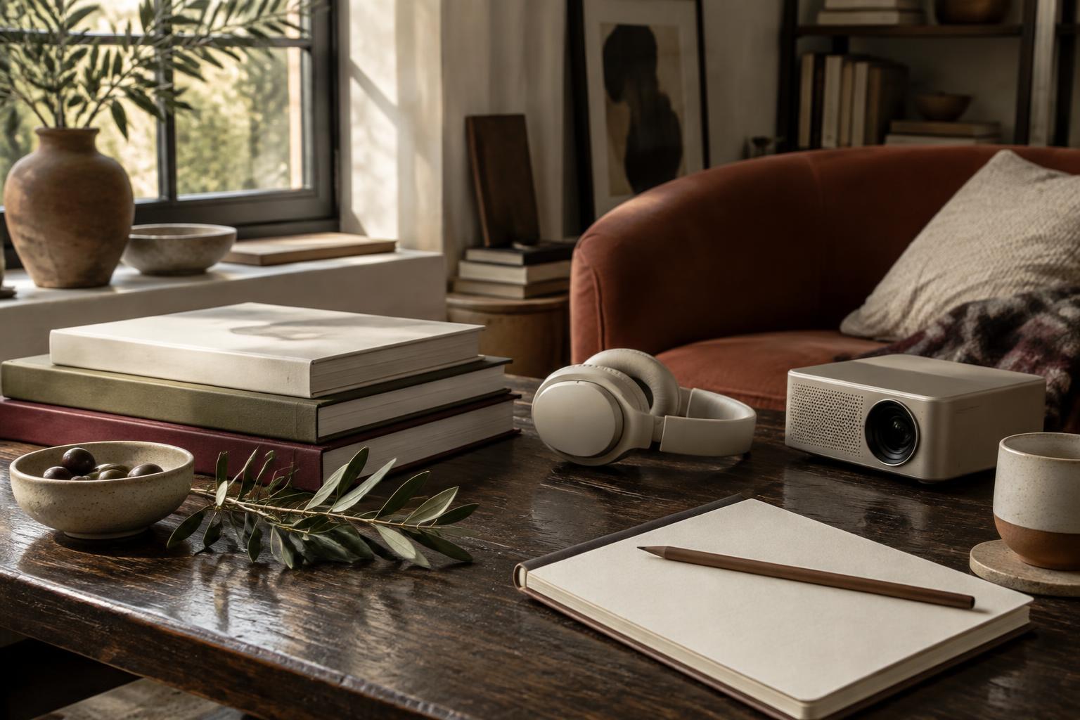 Livros, fones e projetor em um espaço de leitura