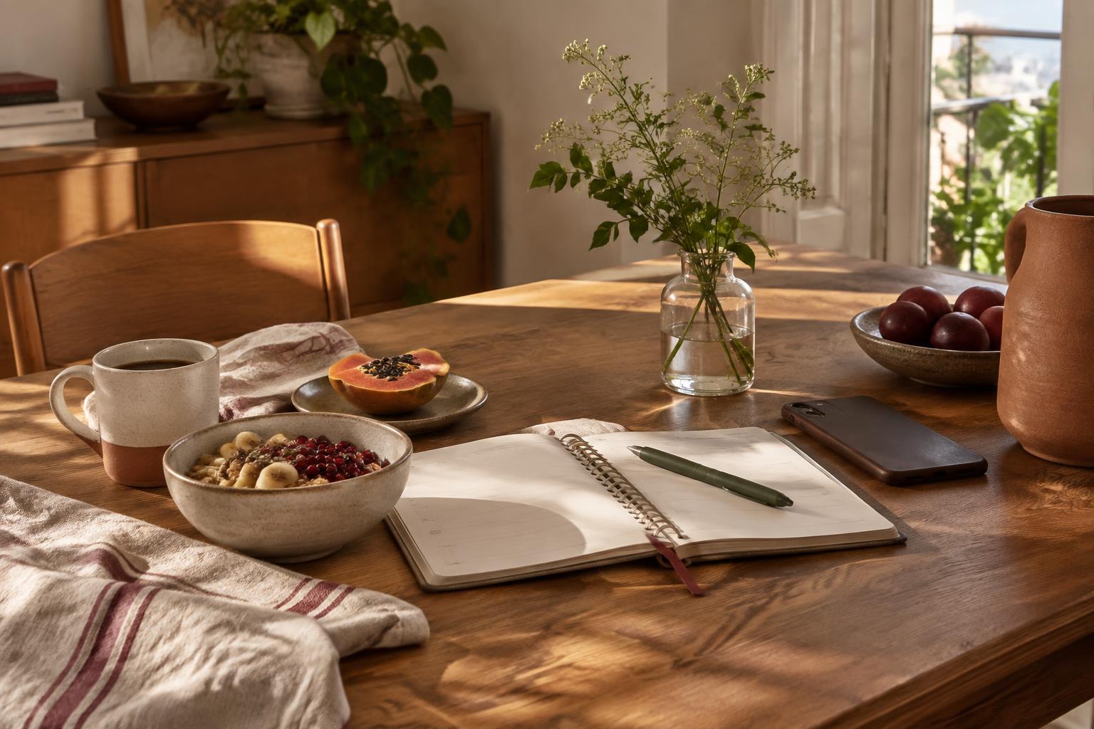 Café da manhã, agenda e flores sobre uma mesa de madeira